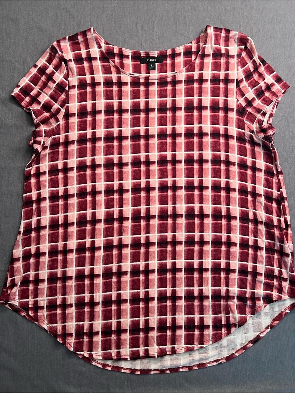 Alfani Short-Sleeve Plaid Tee in Burgundy and Cream